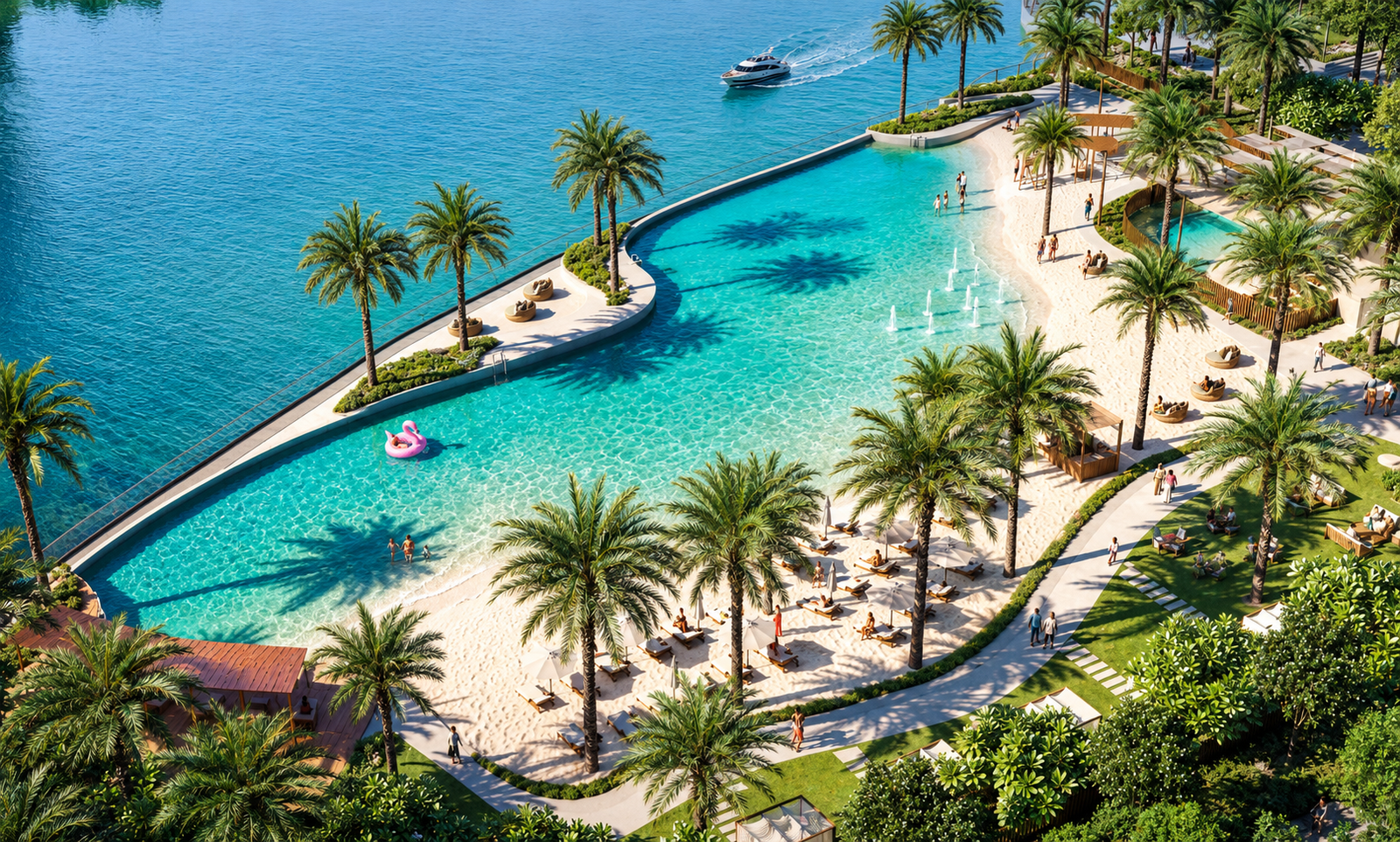 Luxury tropical lagoon resort with turquoise water and palm trees